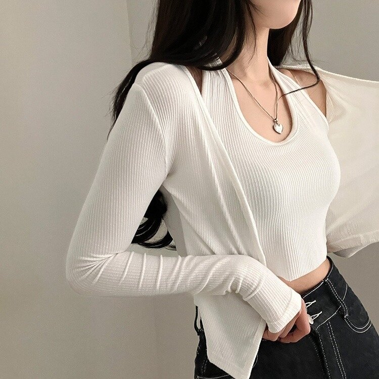 러브시그널 리본 스퀘어 오프숄더 소매 트임 긴팔 니트 아이보리