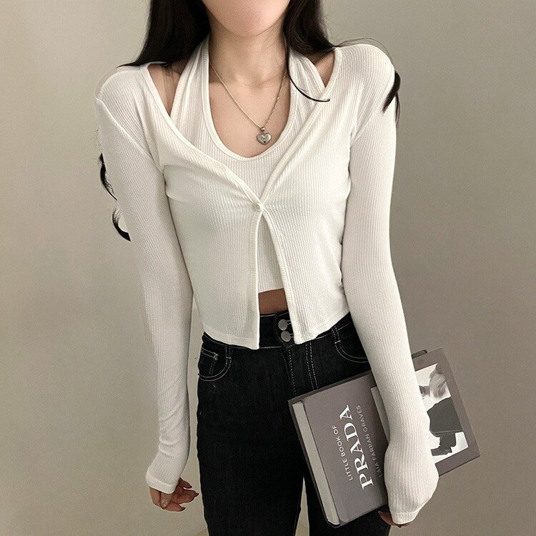 러브시그널 리본 스퀘어 오프숄더 소매 트임 긴팔 니트 아이보리