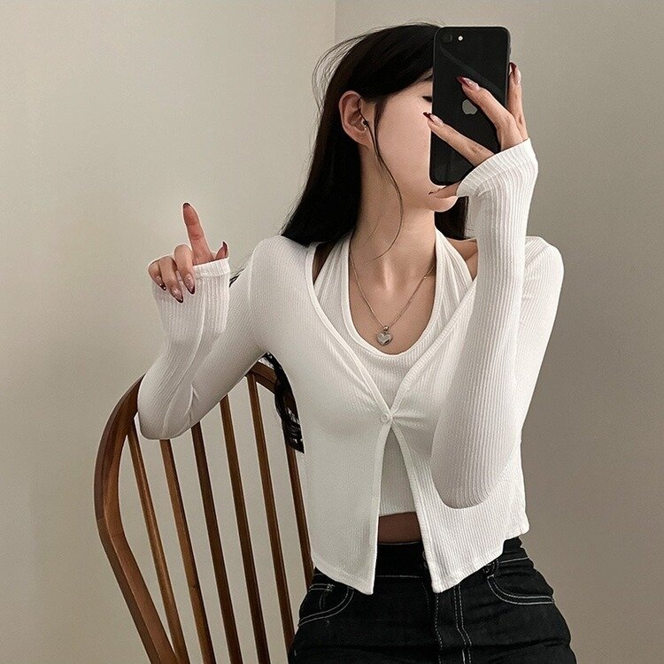 러브시그널 리본 스퀘어 오프숄더 소매 트임 긴팔 니트 아이보리