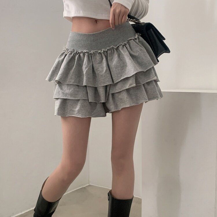 コットンティアードフリルパンツインミニスカート GRAY