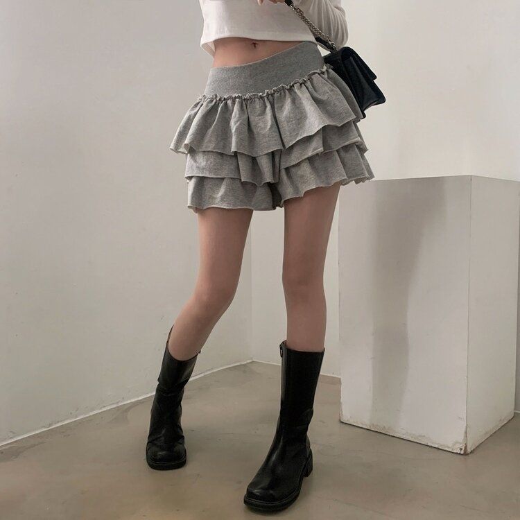 コットンフリルリボンティアードミニスカート – pium