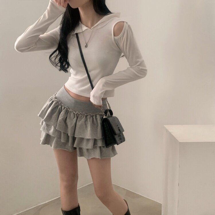 コットンティアードフリルパンツインミニスカート GRAY