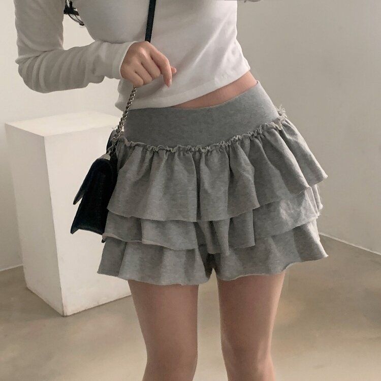コットンティアードフリルパンツインミニスカート GRAY