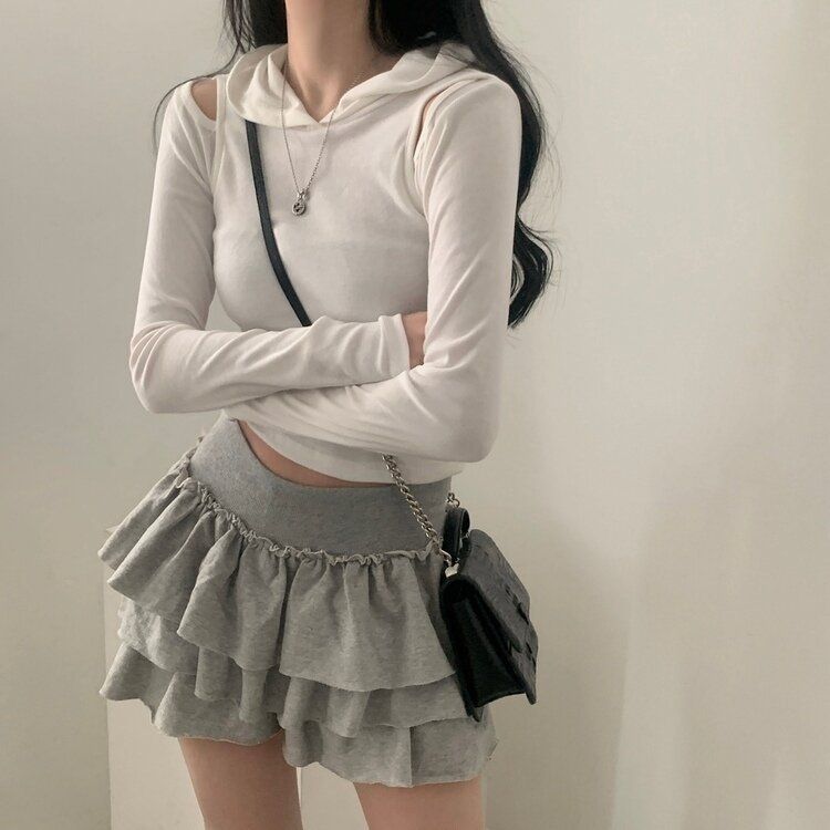 コットンティアードフリルパンツインミニスカート GRAY
