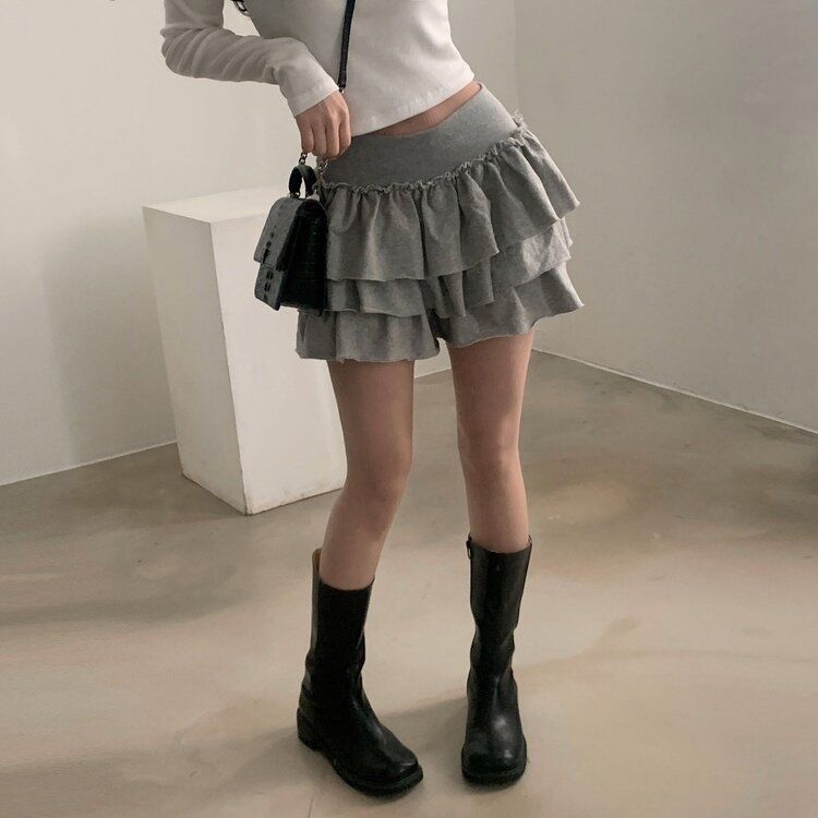 コットンティアードフリルパンツインミニスカート GRAY