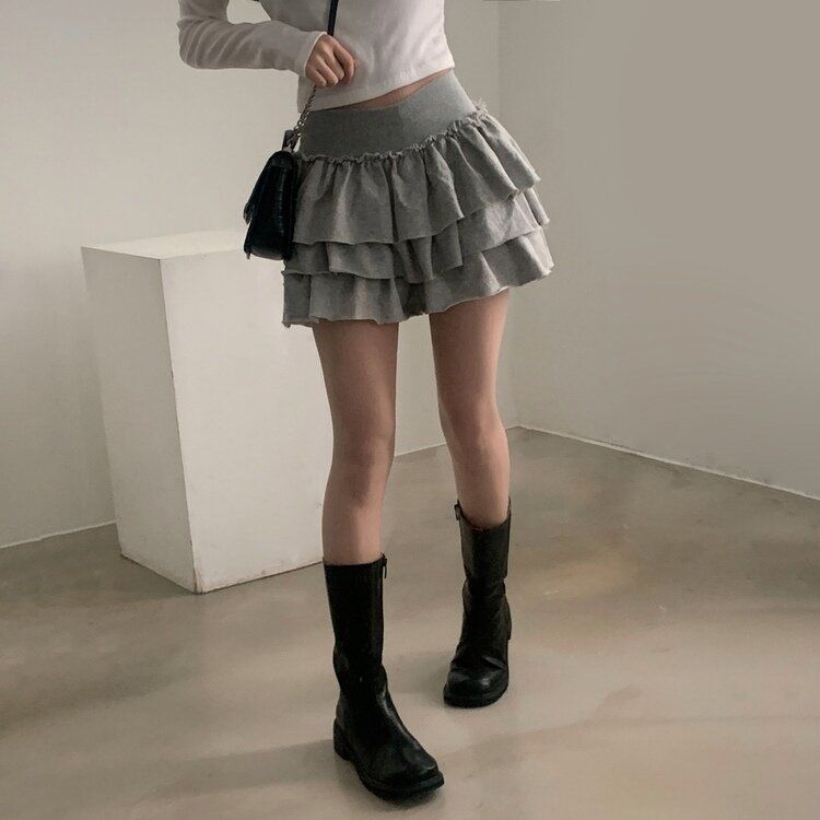 コットンティアードフリルパンツインミニスカート GRAY