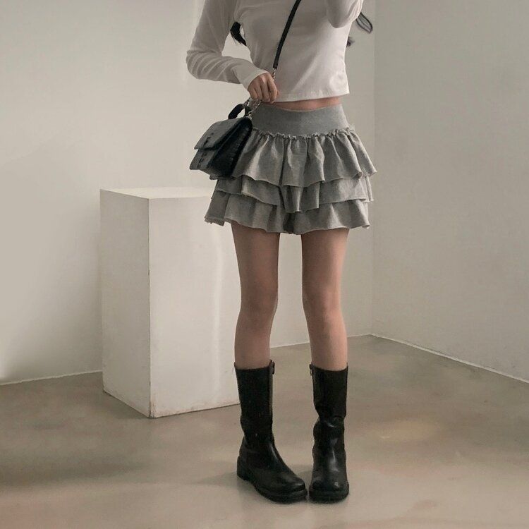 コットンティアードフリルパンツインミニスカート GRAY