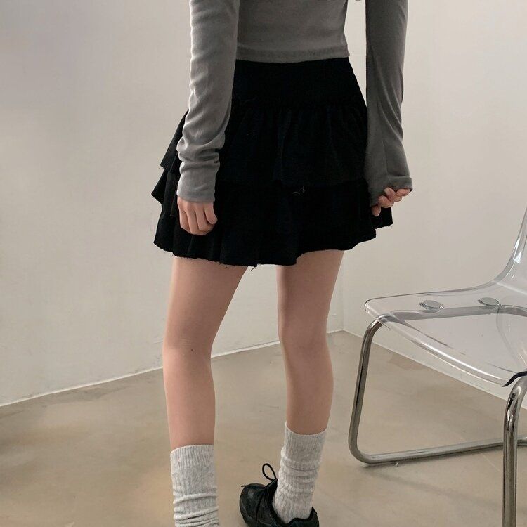 コットンティアードフリルパンツインミニスカート BLACK