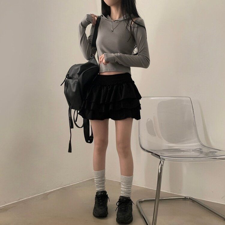 コットンティアードフリルパンツインミニスカート BLACK
