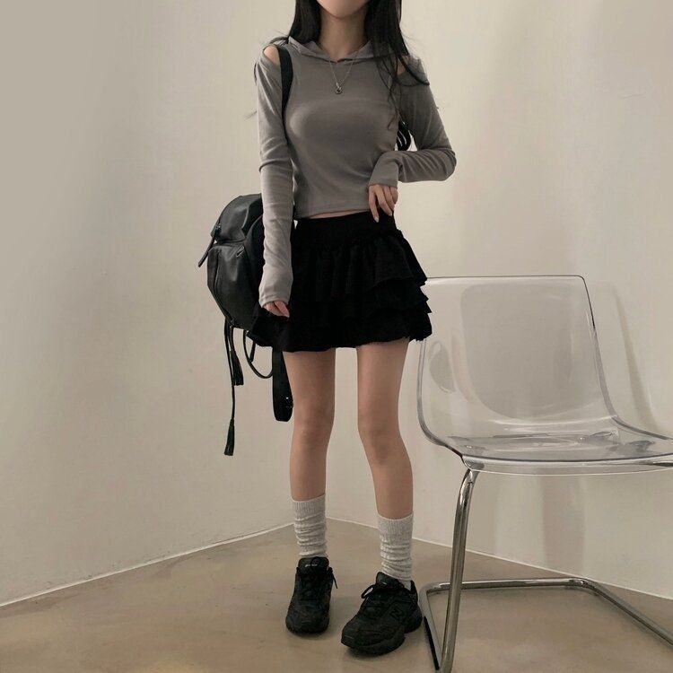コットンティアードフリルパンツインミニスカート BLACK