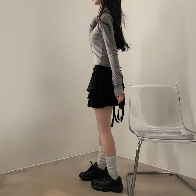 コットンティアードフリルパンツインミニスカート BLACK