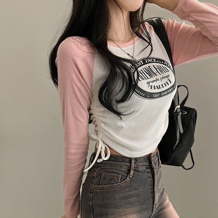 バイカラーラグランサイドシャーリングクロップ長袖Tシャツ｜長袖T