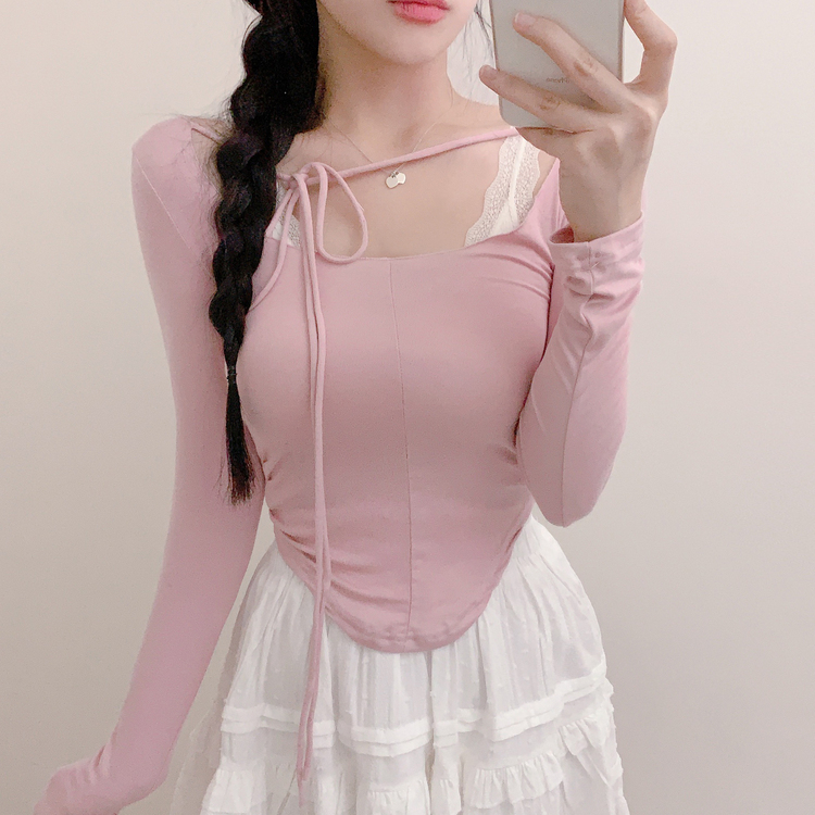 バレエコアリボンサイドシャーリングクロップ長袖Tシャツ｜長袖Tシャツ