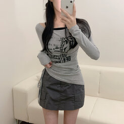 レタリングワンサイドストリングリボン斜め長袖Tシャツ GRAY