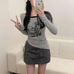 レタリングワンサイドストリングリボン斜め長袖Tシャツ GRAY