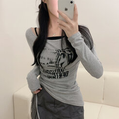 レタリングワンサイドストリングリボン斜め長袖Tシャツ GRAY