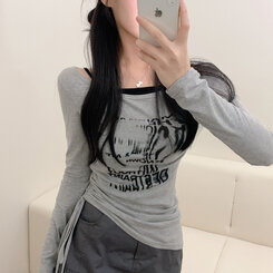 レタリングワンサイドストリングリボン斜め長袖Tシャツ GRAY