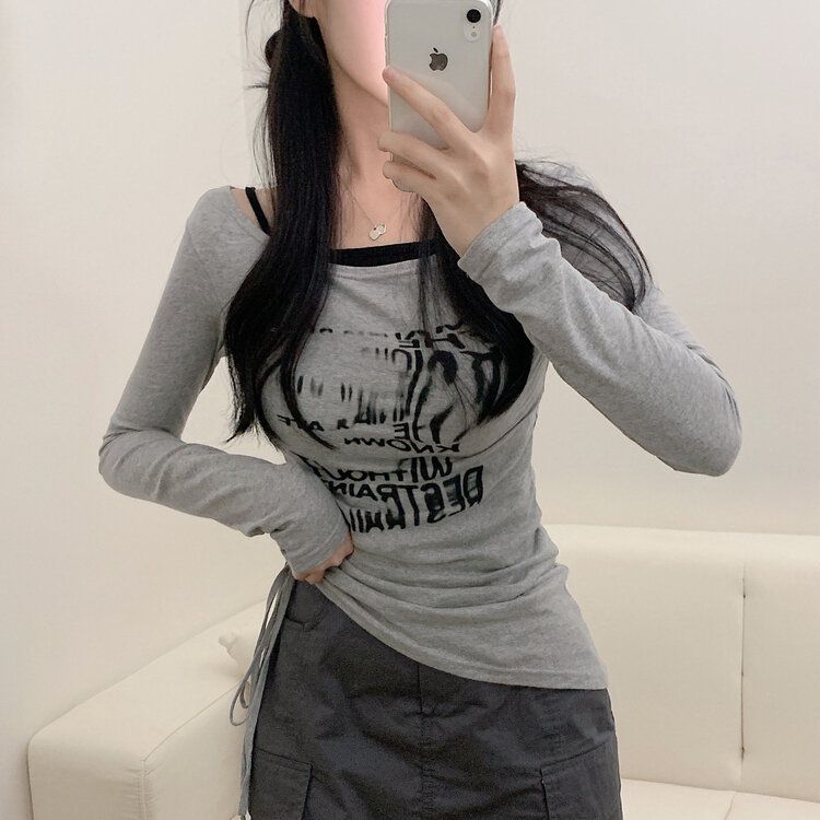 レタリングワンサイドストリングリボン斜め長袖Tシャツ GRAY