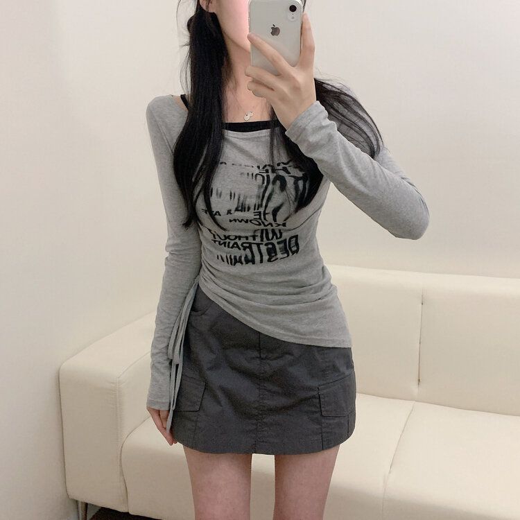 レタリングワンサイドストリングリボン斜め長袖Tシャツ GRAY