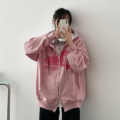 レタリングバイカラーフードダブルジップアップパーカー｜ジャンパー