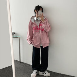 レタリングバイカラーフードダブルジップアップパーカー｜ジャンパー