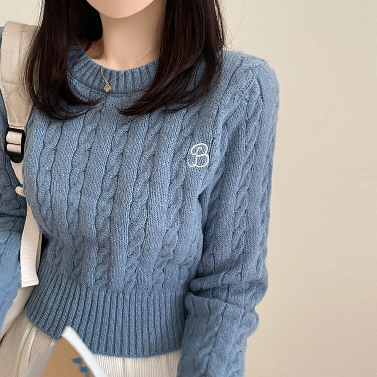 韓国ファッション　ハイウエストブルーニット Jasmine】ハイウエストニットワンピース フード付き Jasmine[品番