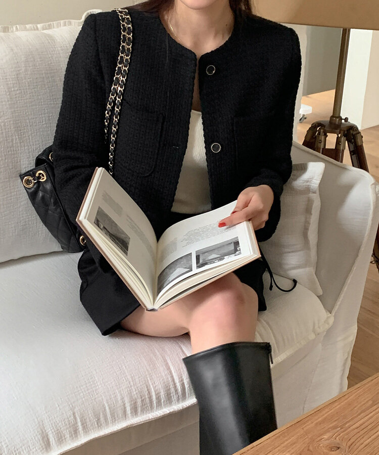 ウールノーカラーツイードクロップショートジャケット｜ジャケット