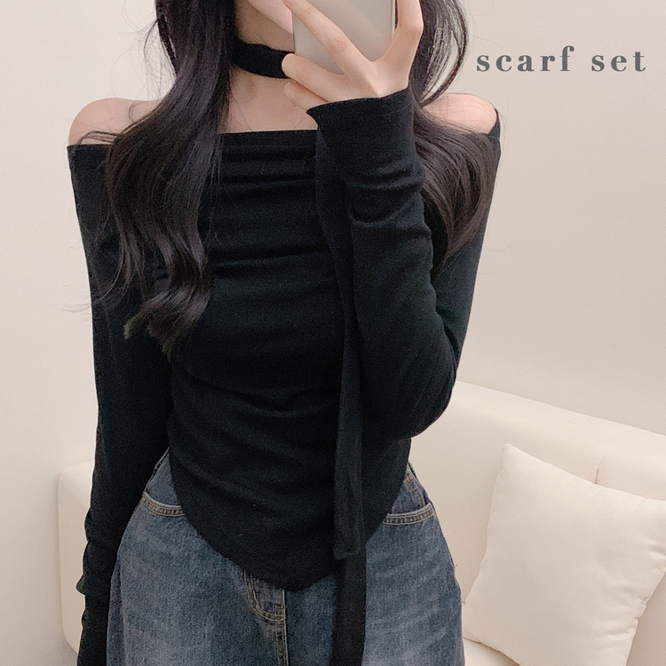 【SET】ドレープオフショルダー長袖Tシャツ＋チョーカー BLACK