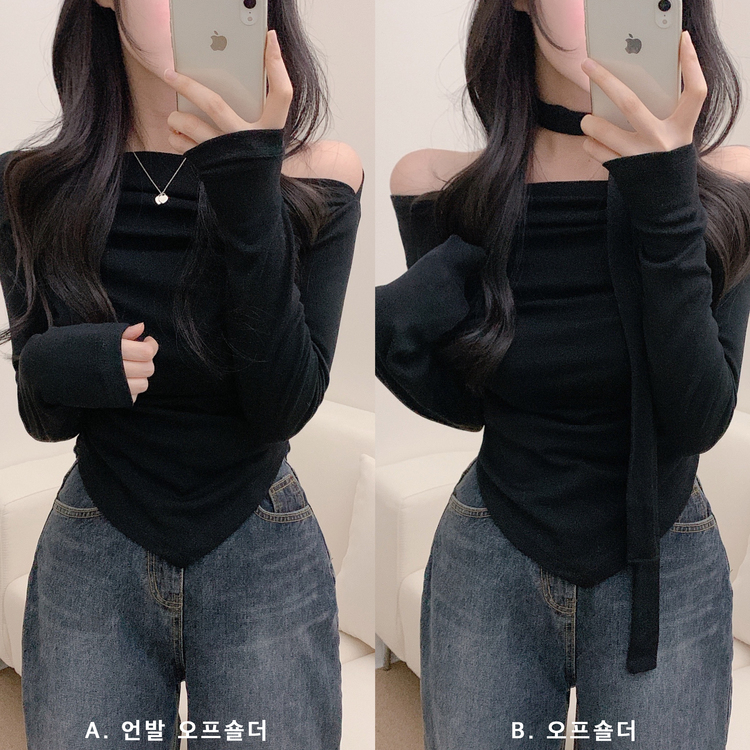 【SET】ドレープオフショルダー長袖Tシャツ＋チョーカー