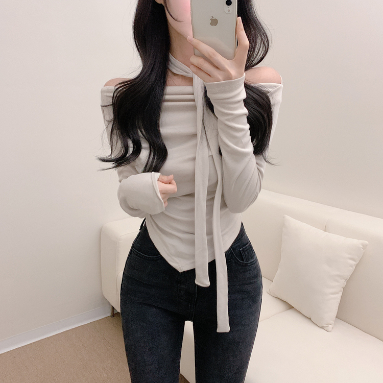 【SET】ドレープオフショルダー長袖Tシャツ＋チョーカー BEIGE