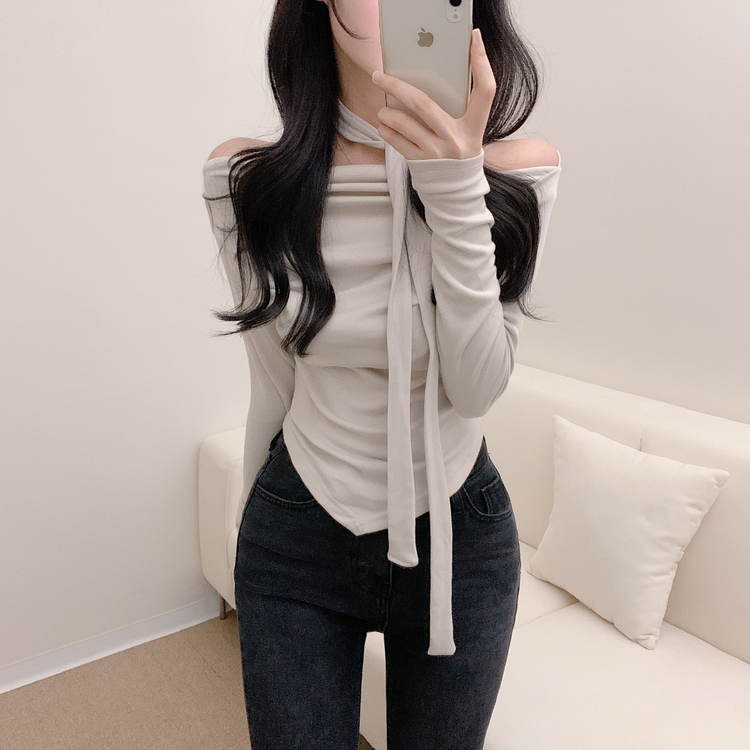 【SET】ドレープオフショルダー長袖Tシャツ＋チョーカー BEIGE