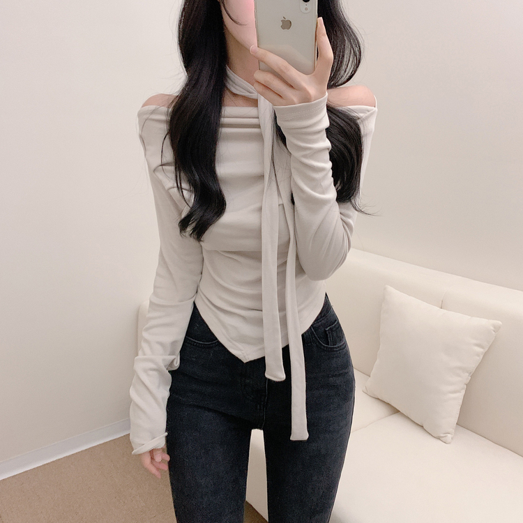 【SET】ドレープオフショルダー長袖Tシャツ＋チョーカー BEIGE