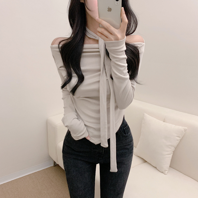 【SET】ドレープオフショルダー長袖Tシャツ＋チョーカー BEIGE