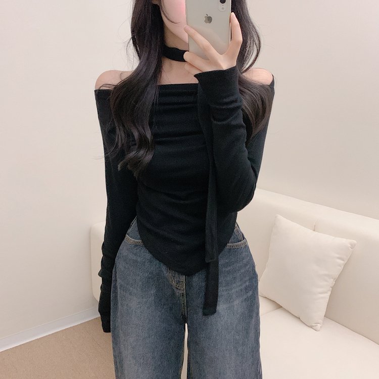 【SET】ドレープオフショルダー長袖Tシャツ＋チョーカー BLACK