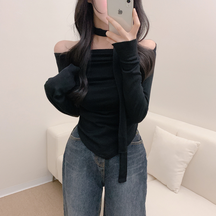 【SET】ドレープオフショルダー長袖Tシャツ＋チョーカー BLACK