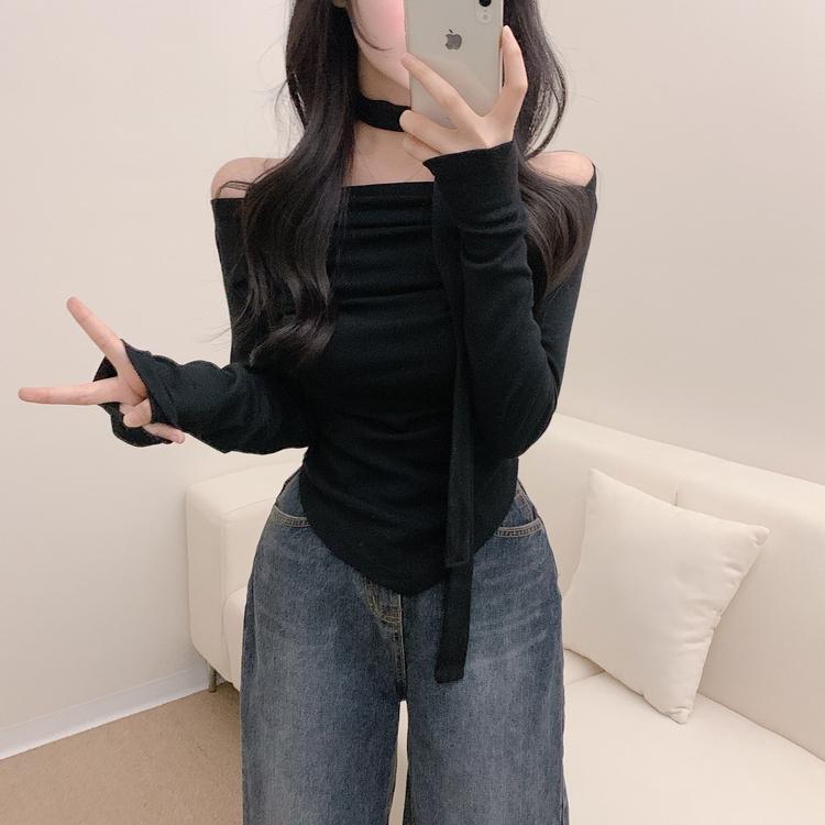SET】ドレープオフショルダー長袖Tシャツ＋チョーカー｜長袖T