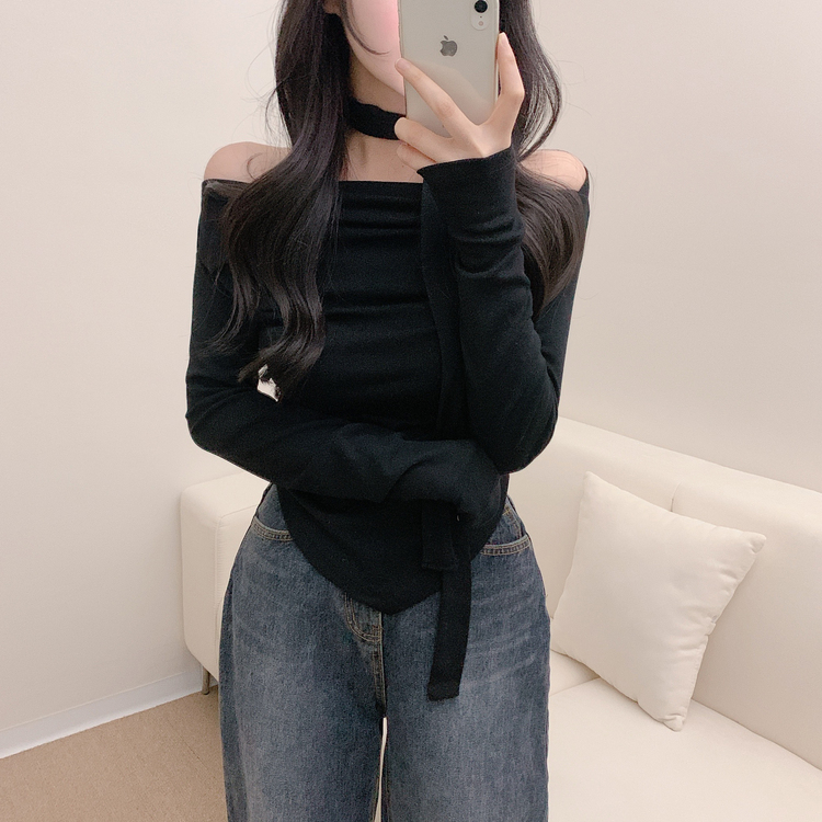 【SET】ドレープオフショルダー長袖Tシャツ＋チョーカー BLACK