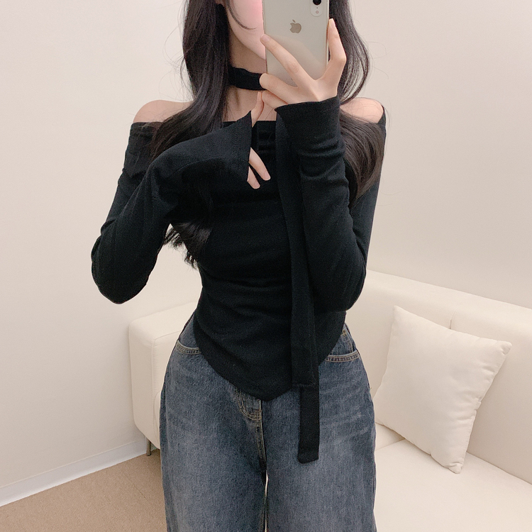 【SET】ドレープオフショルダー長袖Tシャツ＋チョーカー BLACK