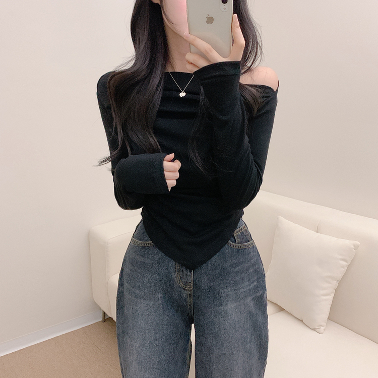 【SET】ドレープオフショルダー長袖Tシャツ＋チョーカー BLACK