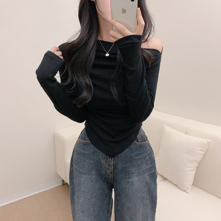 【SET】ドレープオフショルダー長袖Tシャツ＋チョーカー BLACK