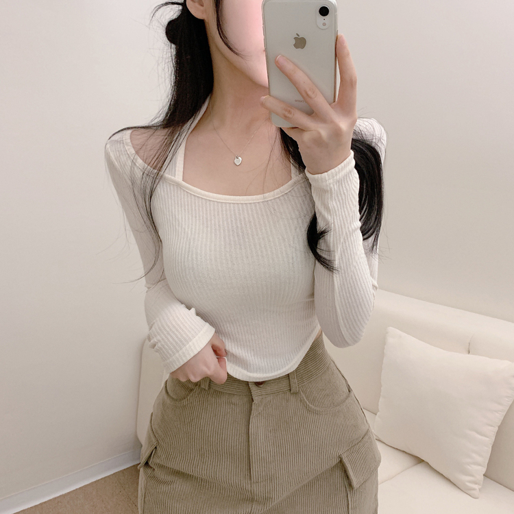 ホルターストラップドッキングリブクロップ長袖Tシャツ IVORY