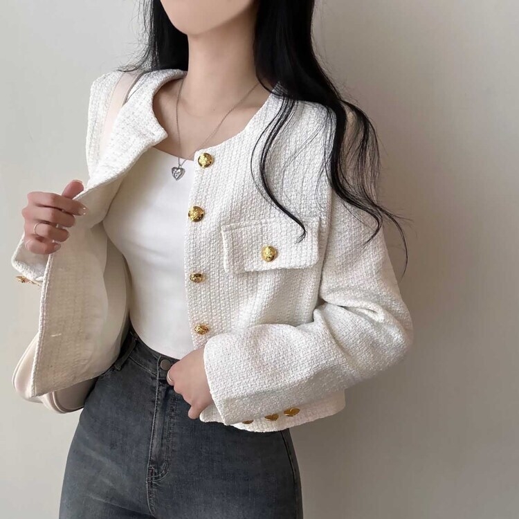 ツイードゴールドボタンクロップノーカラージャケット｜ジャケット