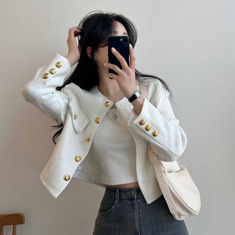 ツイードゴールドボタンクロップノーカラージャケット｜ジャケット