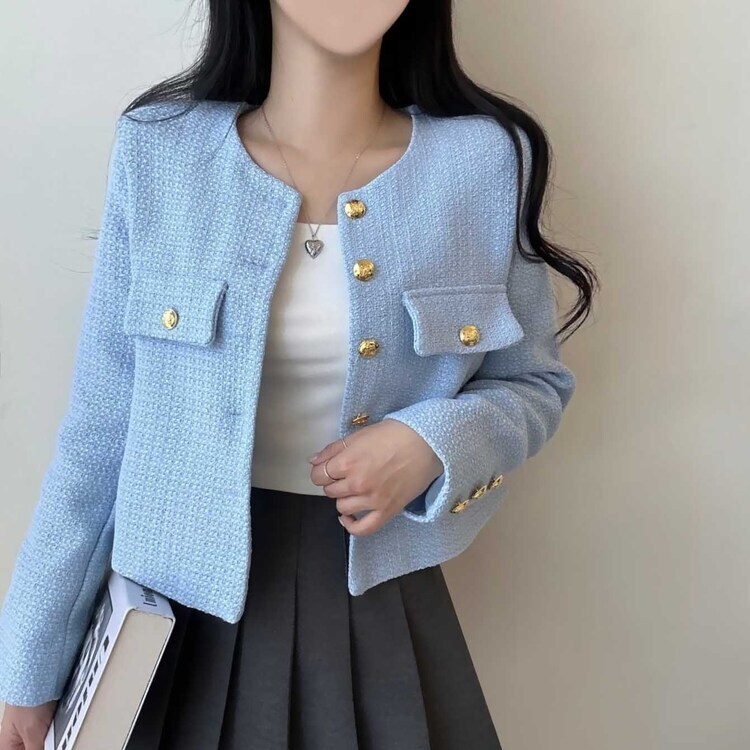 ツイードゴールドボタンクロップノーカラージャケット｜ジャケット