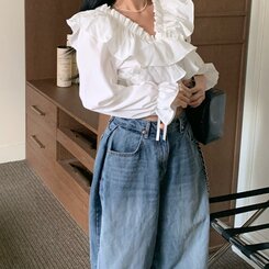 フリルラブリーVネックオフショルダーリボントップス｜ブラウス｜韓国