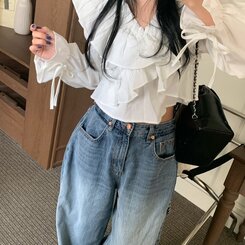 フリルラブリーVネックオフショルダーリボントップス｜ブラウス｜韓国