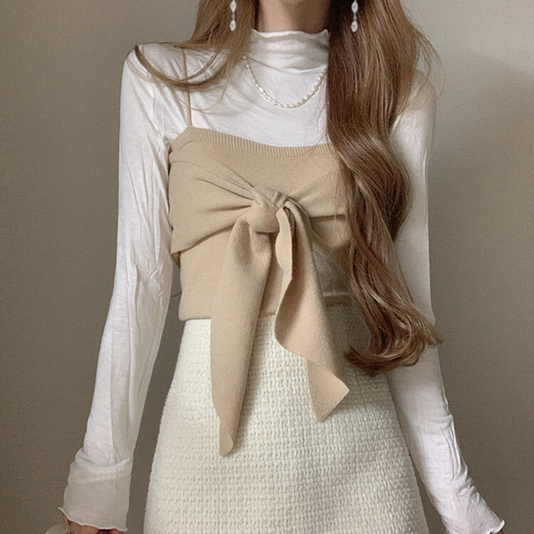 SET】ハイネックスリム長袖Tシャツ＋リボンニットビスチェ｜ブラウス