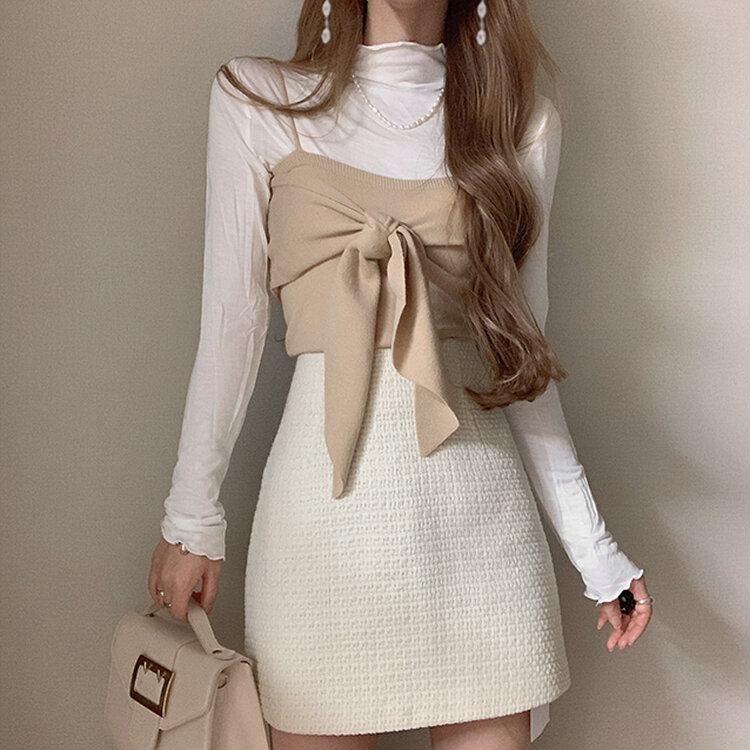 SET】ハイネックスリム長袖Tシャツ＋リボンニットビスチェ｜ブラウス