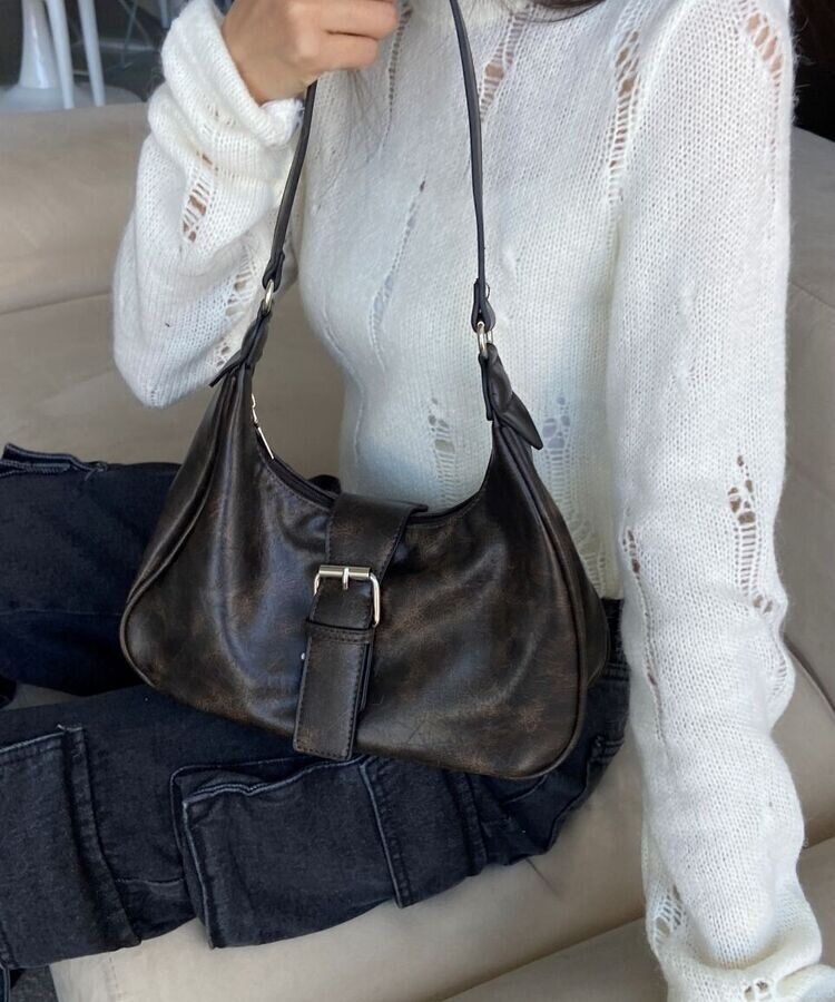 バッグ レザーバックルミニラウンドショルダーバッグ BROWN