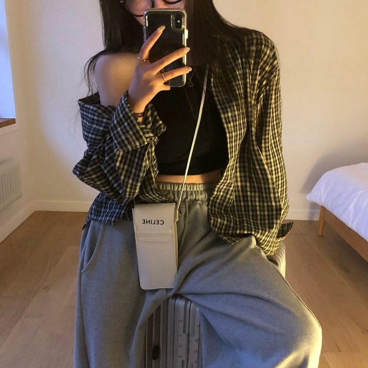 オーバーフィットポケットチェックシャツ BLACK